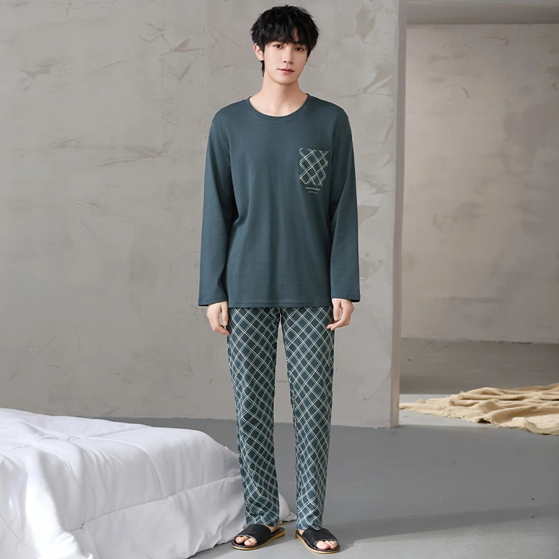 Newest Men Pajamas Set 100% Cotton Sleepwear Male Autumn Long Sleeve Pyjamas