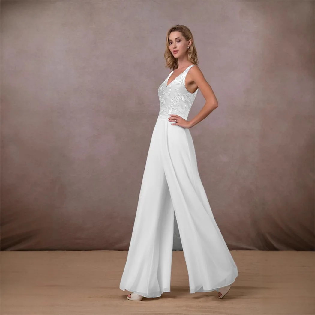 Kombinezon damski europejski i amerykański dekolt V bez rękawów białe szyfonowe spodnie szerokie nogawki nowy styl