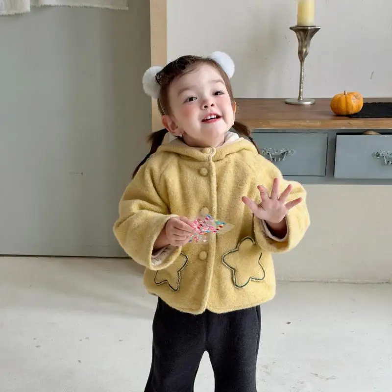 2026 Winter New Baby Girl Warm Woolen Coat Plus Velvet Thick Girls Cute Hooded Wool Coat Fashion Casual Toddler Clothes