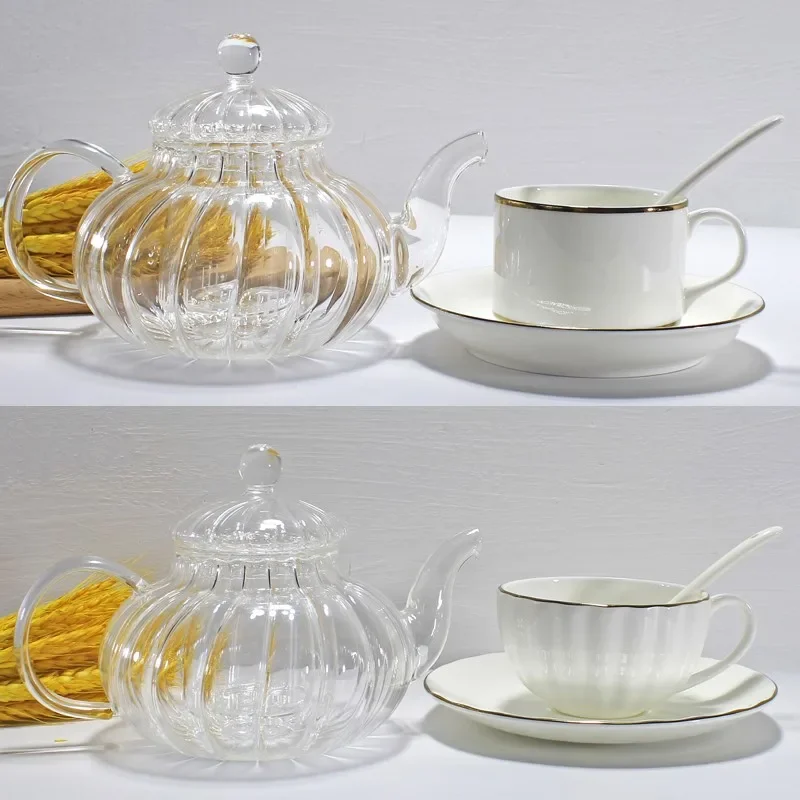 2pcs Set, Pumpkin Glass Tea Pot and Bone China Afternoon Cup with Saucer, for Service Cafe, Porcelain Cups Coffee
