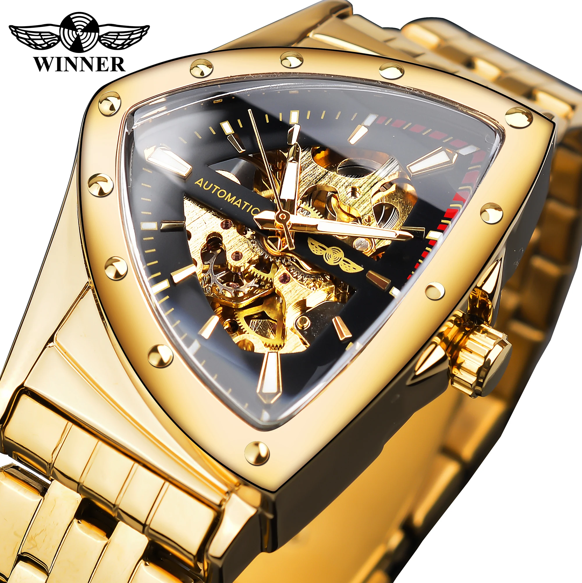 Winner Golden Stainless Steel Watch Steampunk Swiss Design Mens Triangle Skeleton Transparent Automatic Mechanical Male Watches