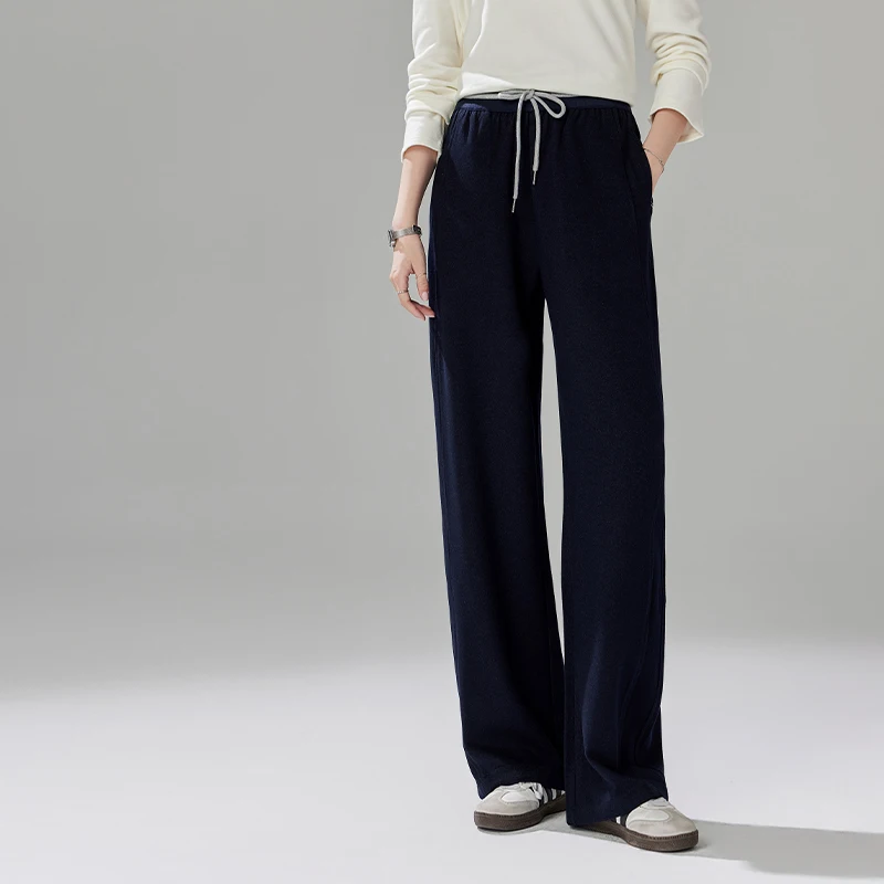 Women Navy Wide Leg Sweatpants, Drawstring Elastic Waist Loose Casual Trousers With Pockets, Elegant Flowy Lounge Pants