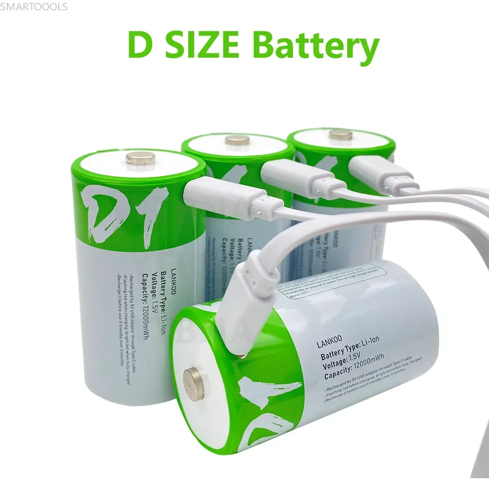 1-8PCS D Size USB Rechargeable Batteries LR20 Li-ion 1.5V 12000mWh with Type-C Cable for Gas Appliances,flashlight