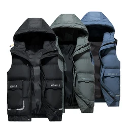 2024 Men Winter Sleeveless Warm Hooded Vest Jackets Men Autumn Solid Color Cotton Outdoors Casual Fashion Vest Jackets Male Coat