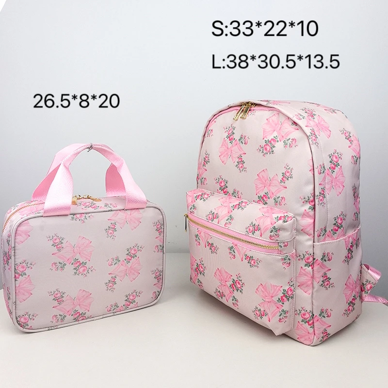 2PCS/SET Trendy Flower Bow Printing School Bag Lunch Bag Large Capacity Nylon Backpack Cute Students Insulation Ice Bento Box