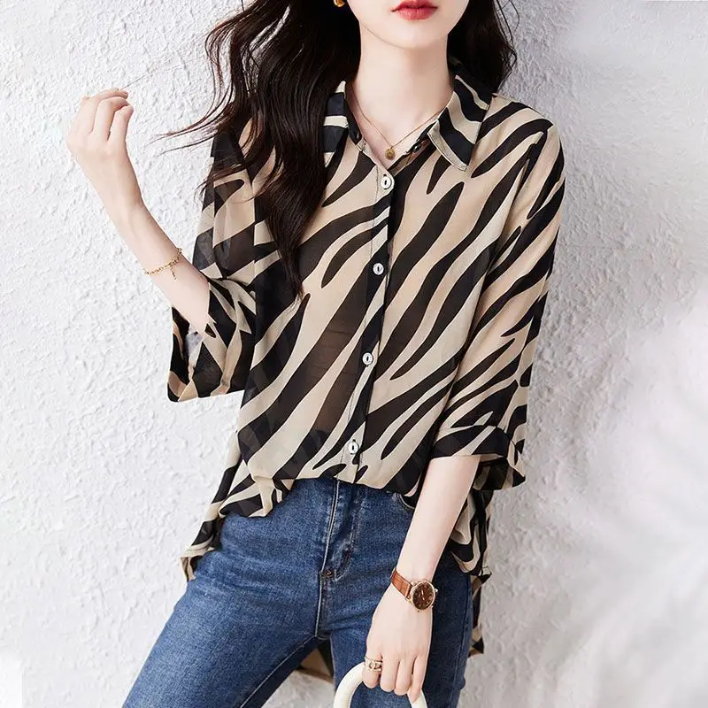 Women\'s Striped Turn-Down Collar Chiffon Shirt, Loose Tops, Elegant Clothes, Office Lady, Simplicity, 3/4 Sleeve