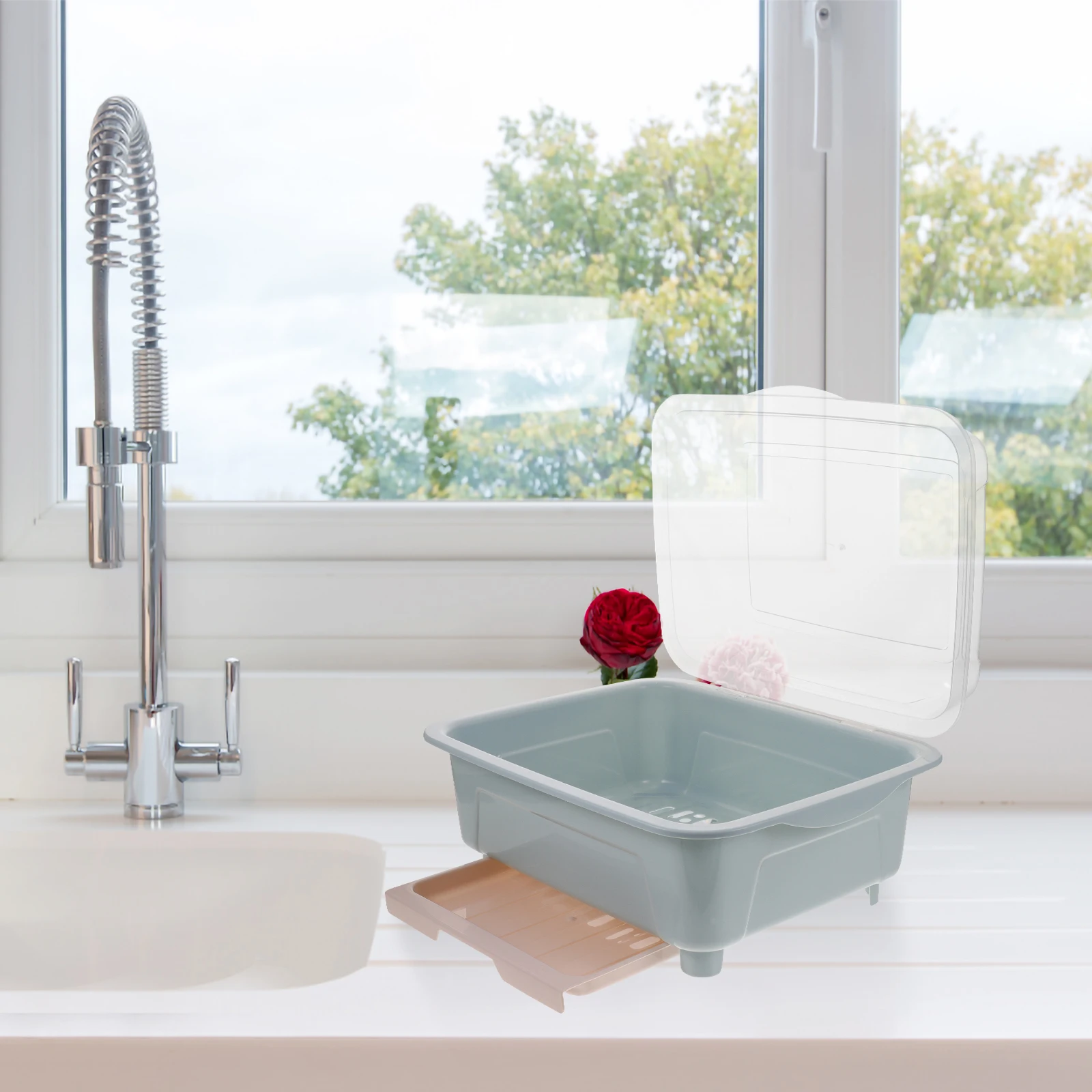 

Dust-Proof Drainer With Detachable Drip Tray Storage Organizer Transparent Cover Household Plate Drying Holder Cutlery Utensils