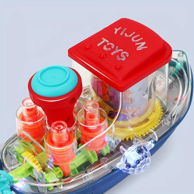 Przezroczysta statka z przekładniami, elektryczna uniwersalna zabawka, fajne zabawki, które uwielbiają dzieci (bateria nie jest dołączona), kolorowe światła, melodyczna muzyka.