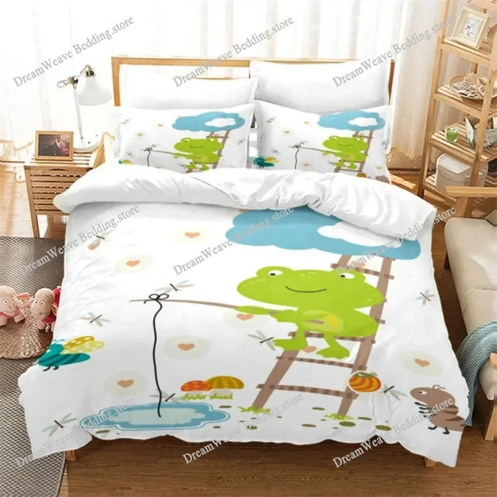 Lovely Green Frog Duvet Cover Set Baby Alpaca Bed Linen Horse Soft Bedding Set with Pillowcase for Girls Boys Gift Bedroom Decor