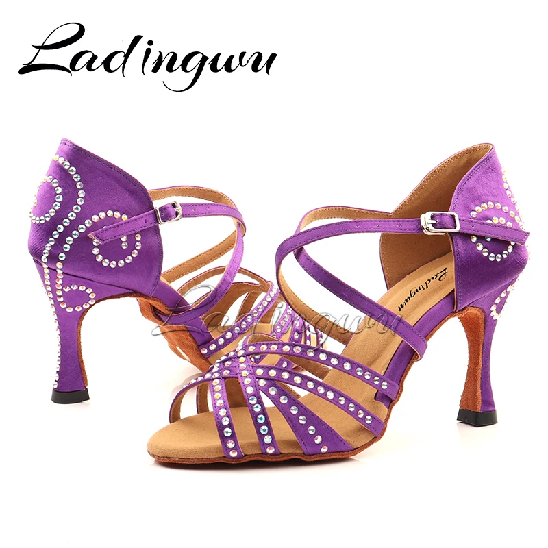 Ladingwu Dance Shoes Latin For Women Purple  Satin Salsa Dance Shoes For Girls Ballroom Dance Shoes Sports Sandals Heel Rhinesto