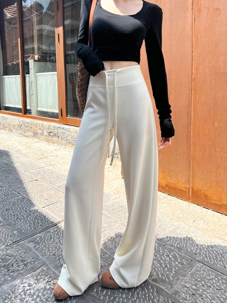 

Белые женские брюки для йоги с высокой талией, широкими штанинами, повседневные, тонкие, весенне-осенние, новые, драпирующиеся, стройнящие, комфортные