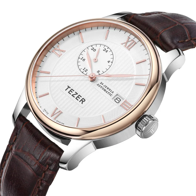 TEZER Men Automatic Watch | Rose Gold Bezel | Sub Dial & Date Window | 50M Water Resistant Wristwatch