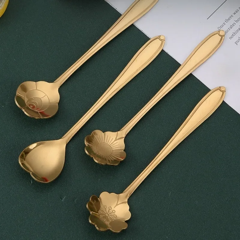 Stainless Steel Cherry Rose Flower Gold Scoop Coffee Spoon Gifts Kitchen Dessert Tea Accessories Tableware Decoration Set