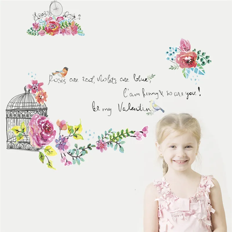 Rose Flowers Bird Cage Wall Stickers For Girls Room Bedroom Decoration Mural Art Diy Pvc Home Decal