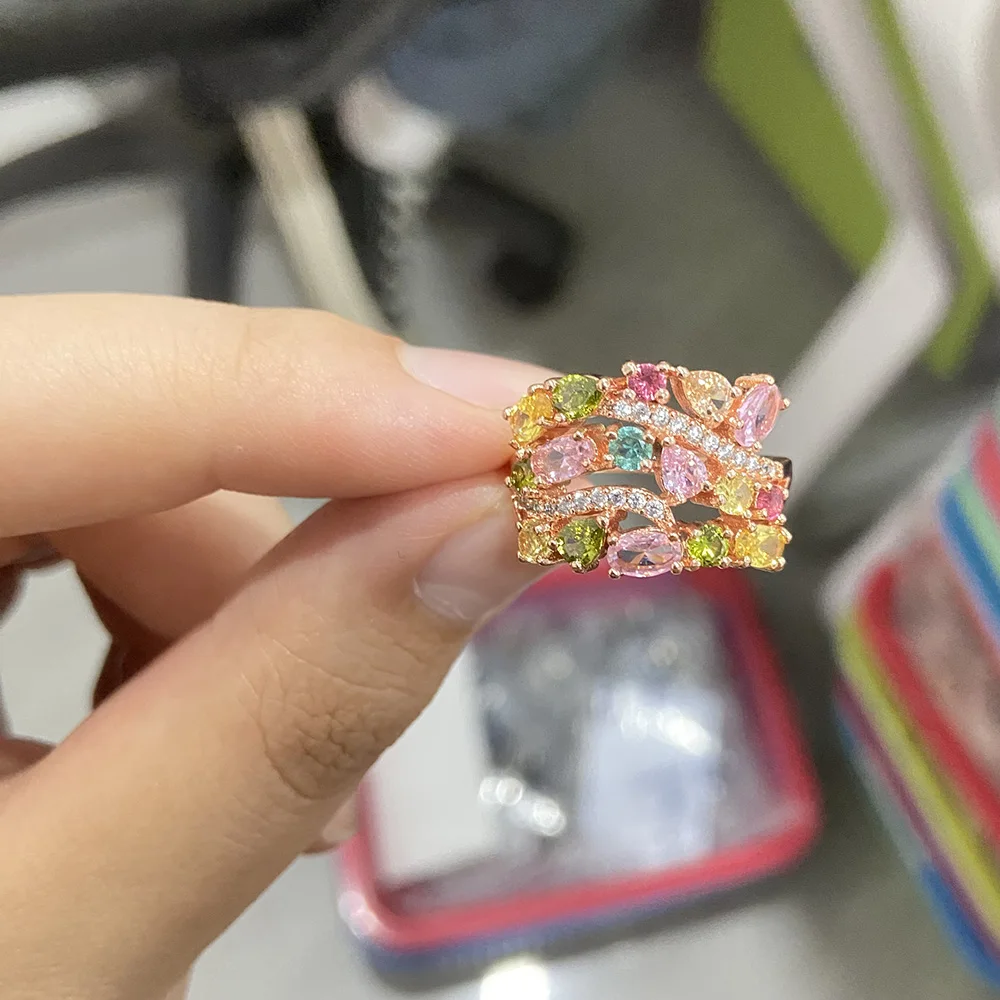 Rose Gold Color Rainbow Colorful Cubic Zirconia  Ring for Women Luxury Wedding Pink Goold Finger Ring Vintage Party Jewelry Gift