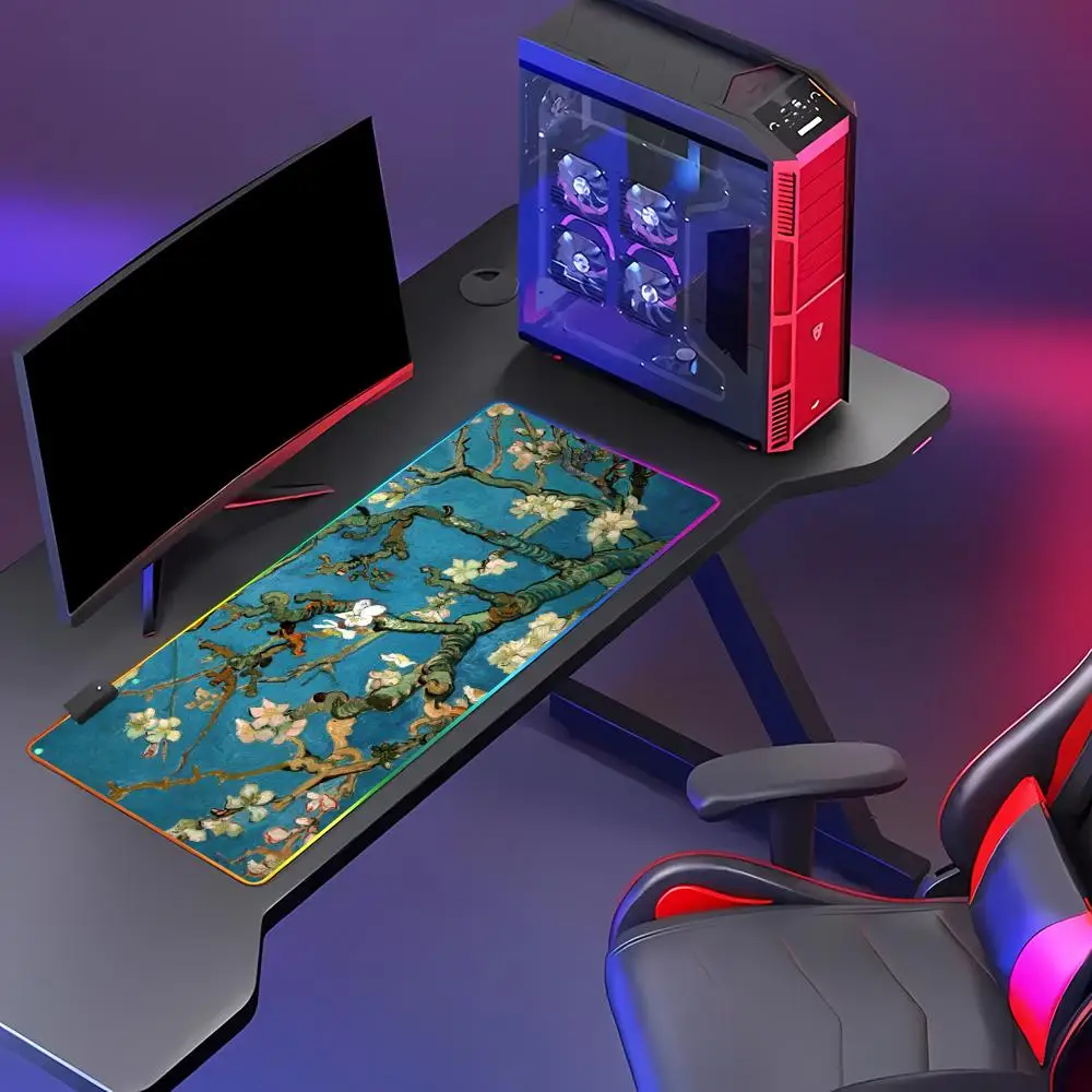 HYBXAXC Van Gogh Almond Blossom Desk Mat Gaming Mouse Pad RGB Gaming Mouse HD Gamer LED Light XXL PC Gamer Keyboard Mat Desk