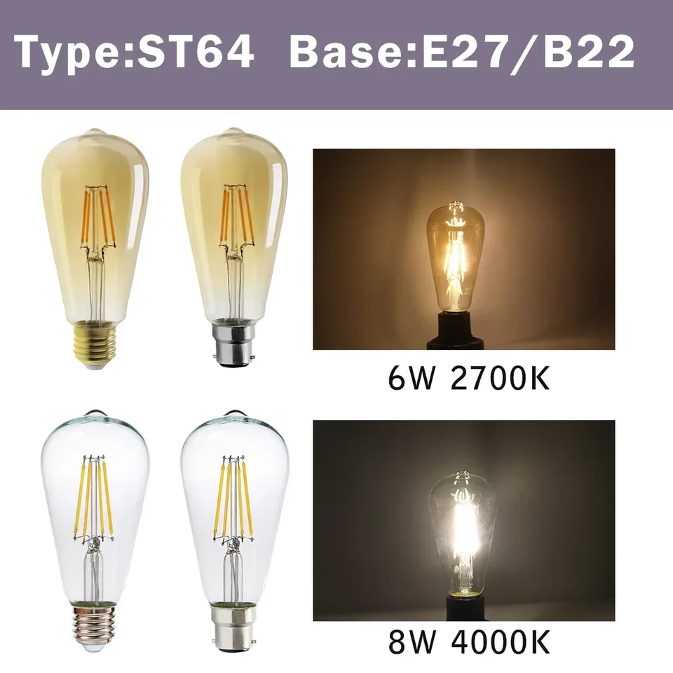 3pcs Retro Led Light Bulb E27 B22 E14 C35 A60 ST64 AC220-240V Edison Filament Bulb Vintage Warm Glass Lamp Lighting Indoor Light, image 6