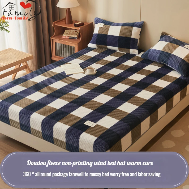 

Crystal Velvet Thicken Fitted Sheet Winter Warm Quilted Mattress Protcetor Plaid Color Double Bed Mattress Cover and Bedspread