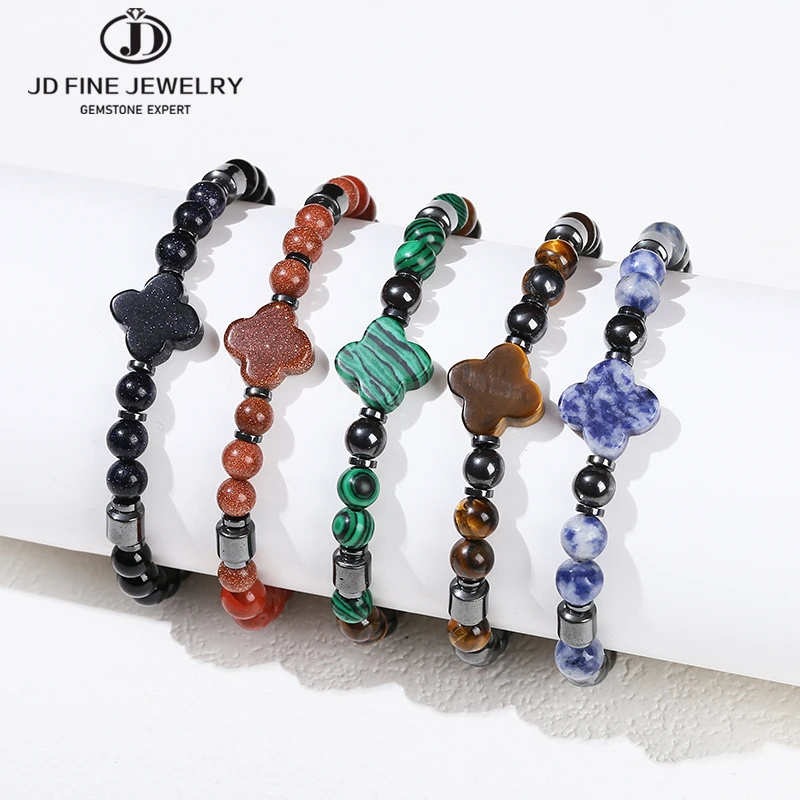 JD Natural Stone Four-Leaf Clover Lucky Charm Bracelets Women Trendy Simple Handmade Hematite Health Protection Stretch Jewelry