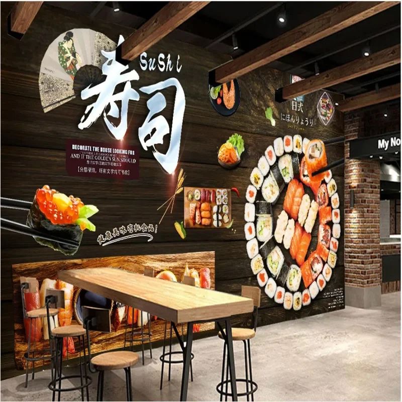 Custom Black Wood Board Renovation Wall Paper 3D Japanese sushi Restaurant Industrial Decor Wall Painting 3D Photo Wallpapers