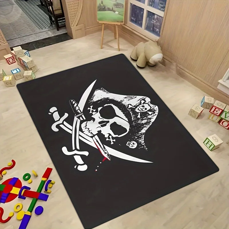 

Pirate Skull Theme Flannel-printed floor mats are slip-resistant Suitable for living room bedroom terrace garden carpets