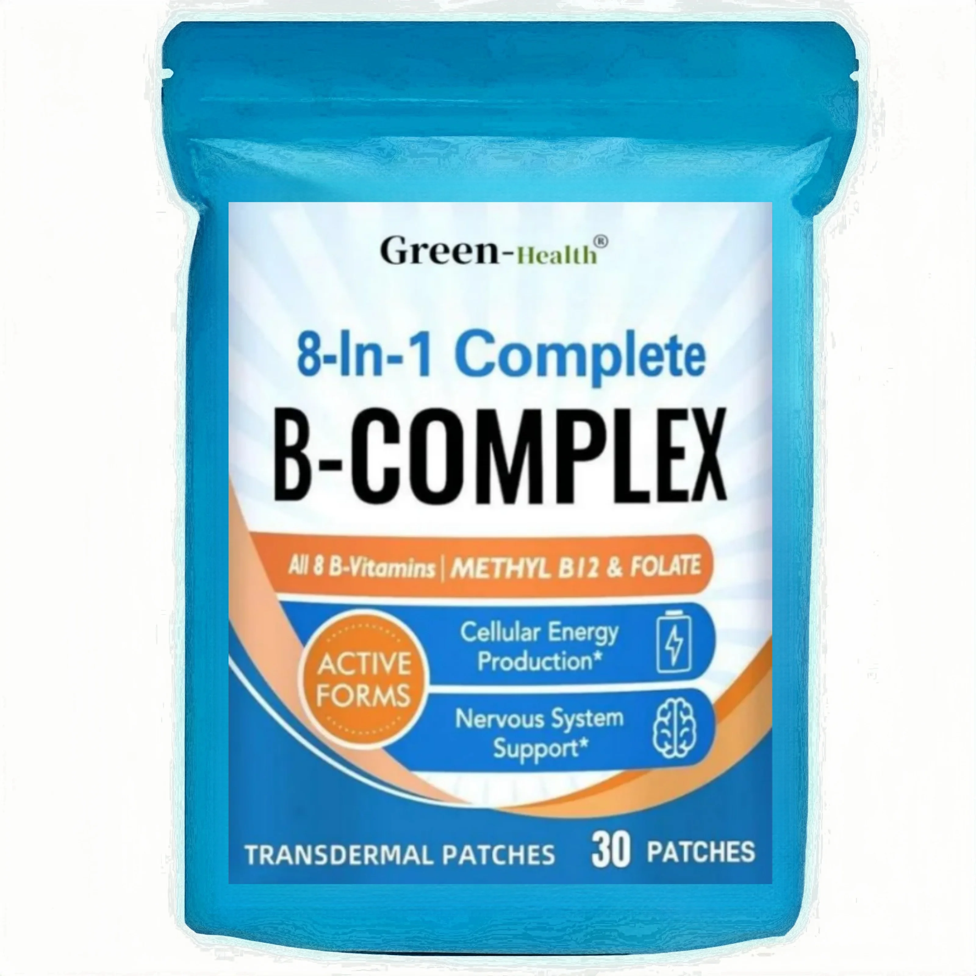 Parches transdermicos complejos B completos 8 en 1 Energía, nervio, soporte sanguíneo - 30 parches Suministro de un mes