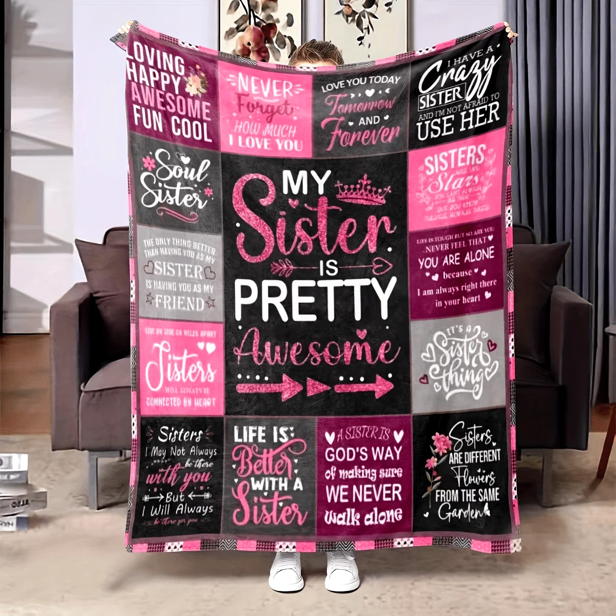 Sister Gift Throw Blanket Inspirational Sister Quotes Patchwork Design Meaningful Present Decor for Sofa Bedroom Couch Blanket