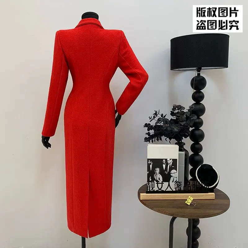 معطف صوف طويل فاخر عالي الجودة للنساء معطف نحيف وطية صدر السترة تصميم مزدوج الصدر معطف واق من المطر بأكمام طويلة ملابس خارجية للسيدات للمكتب #4