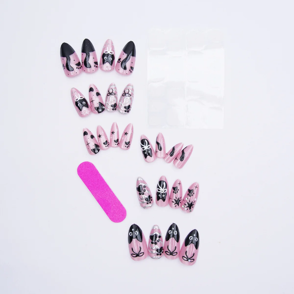 24 STKS Fonkelende Cat Eye Diamond Kunstnagels Amandel Zoete Kat Boog Liefde Ontwerp Nep Nagels Glanzend Elegant Verwijderbare Druk op Nagels