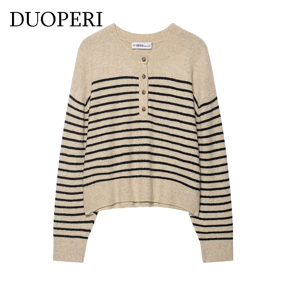 

DUOPERI Women Fashion Striped Front Button Knitted Pullover Sweater Casual O-Neck Long Sleeves Female Elegant Chic Lady Tops