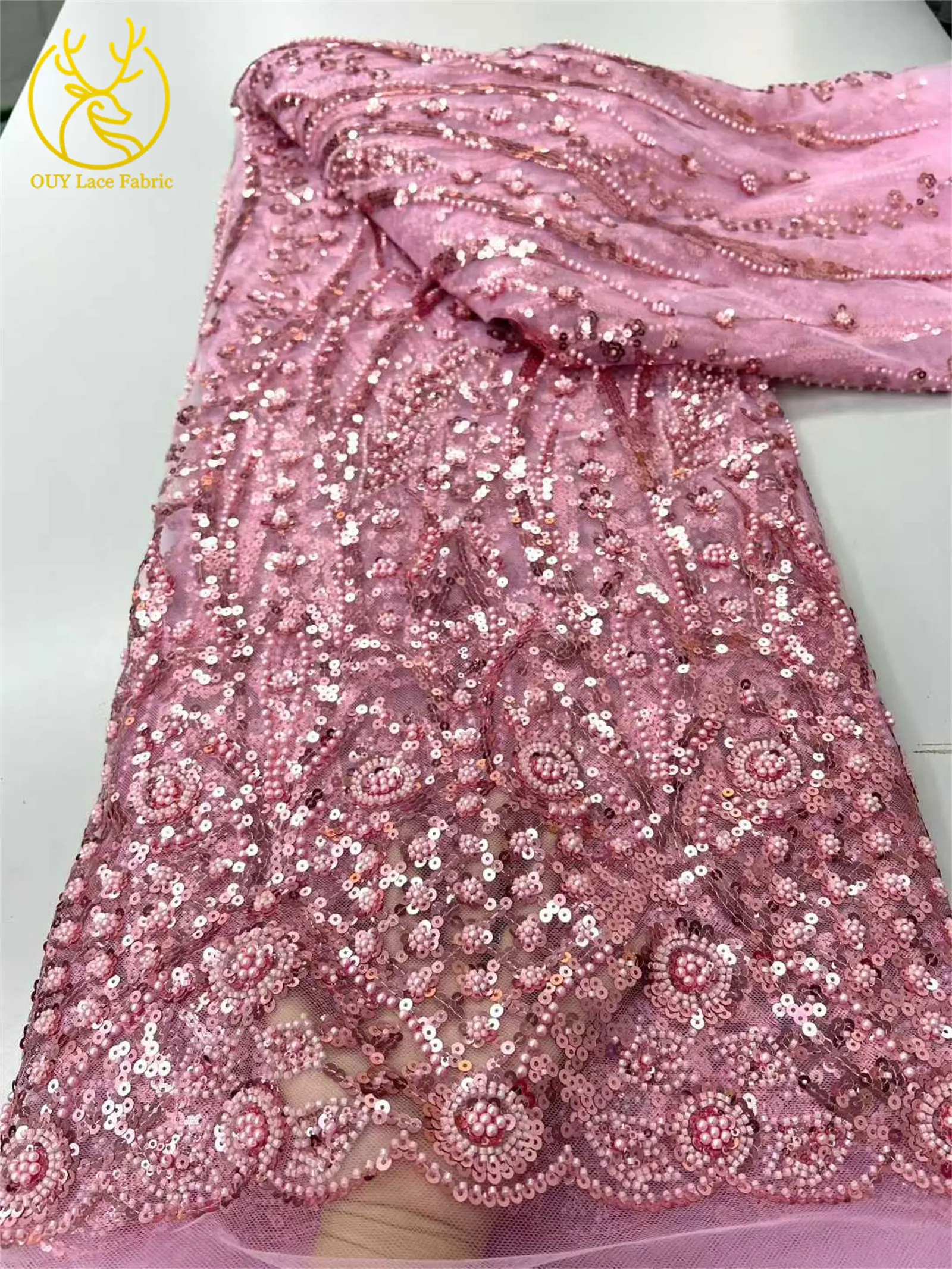 5 Yards afrikanischer, lindgrüner Perlen-Pailletten-Spitzenstoff 2026, königlicher französischer Pailletten-Tüll-Spitzenstoff für Damen-Partykleider, Nähmaterial – Detail 12
