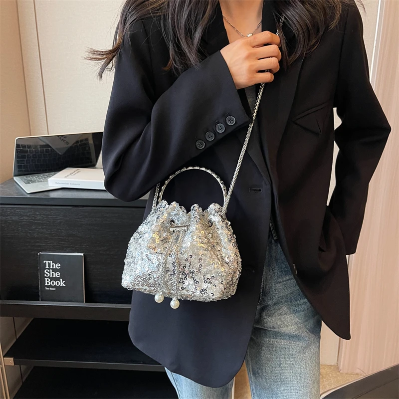 Fashion Bag For Women 2023 Luxury Silver Sequin Evening Clutch Bag Versatile Chain Crossbody Shoulder Bag Round Ring Handle Bag