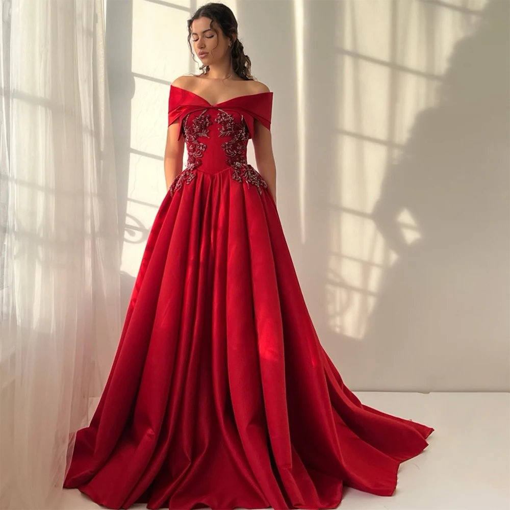절묘한 레드 이브닝 드레스, 포멀 드레이프 슬리브리스 오프숄더 아플리케 가운, 우아한 여성 롱 드레스 베스티도스