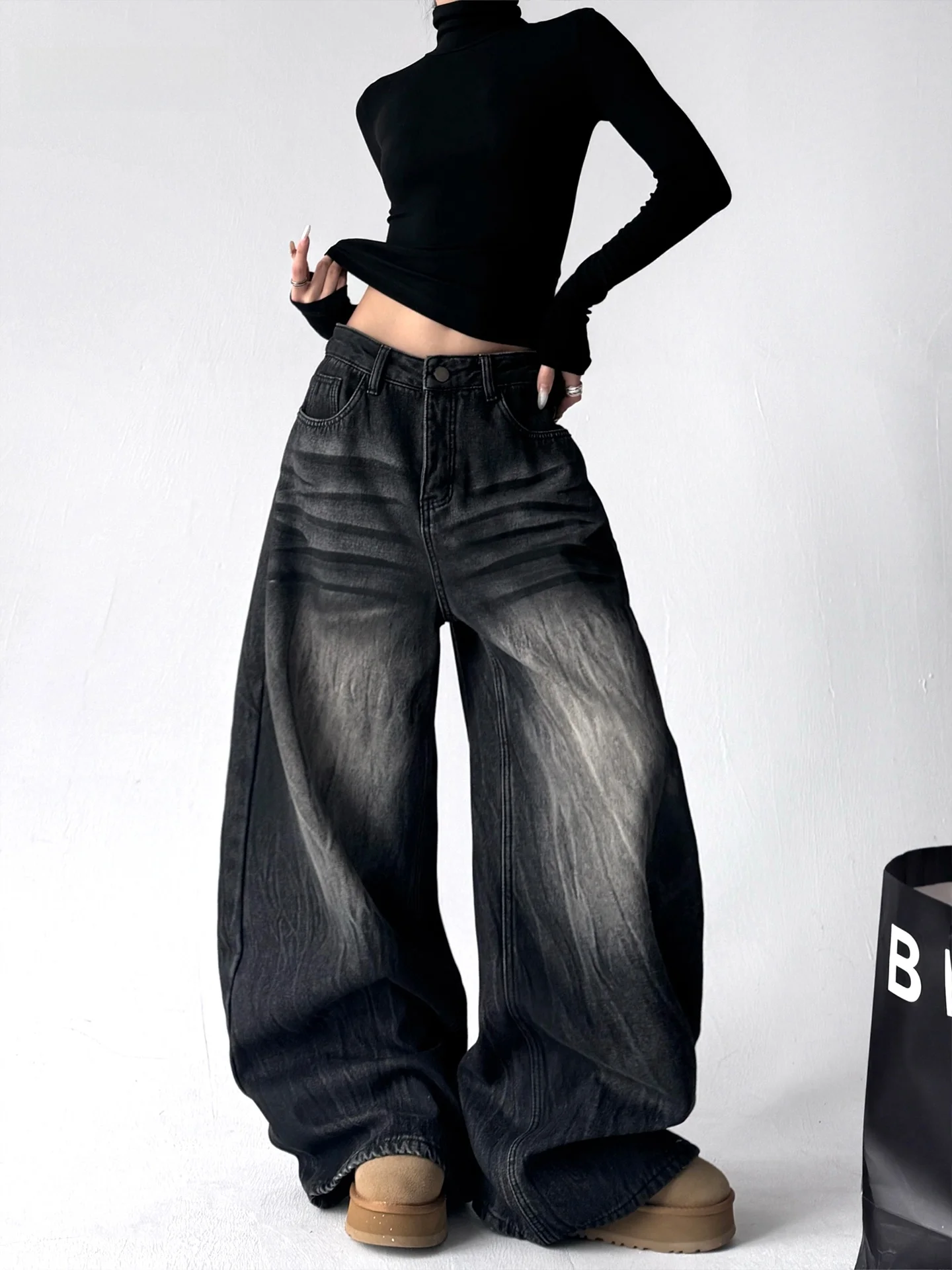 

Low Waist Wide Leg Fce Lined Waed Denim Pants Women's Autumn Winter Casual Floor Length Trousers Comfortable Cotton Blend