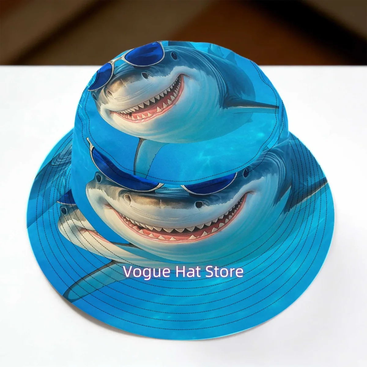 1pc & Cool Shark Print Bucket Hat & Fashion Glasses - Foldable All-Over Shark, Unisex Sporty Outdoor Hat Suitable for Christmas,