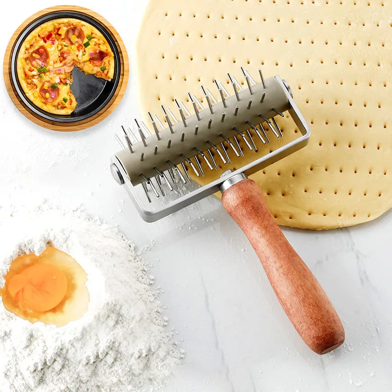 Stainless Steel Wheel Pizza Bread Needle Puncher Roller Pie Pastry Dough Roller With Wooden Handle For Baking Making Supplies