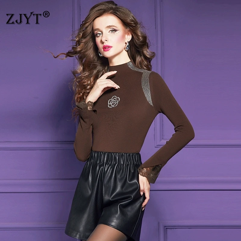 

ZJYT осень-зима пуловер с воротником-стойкой и бриллиантами для женщин, базовые вязаные топы с длинными рукавами, элегантные повседневные трикотажные изделия черного цвета