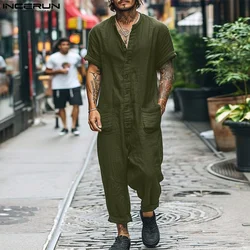 INCERUN 2024 American Style Bodysuit Fashion Men O-neck Short Sleeved Rompers Casual Streetwear Solid Comfortable Jumpsuit S-5XL