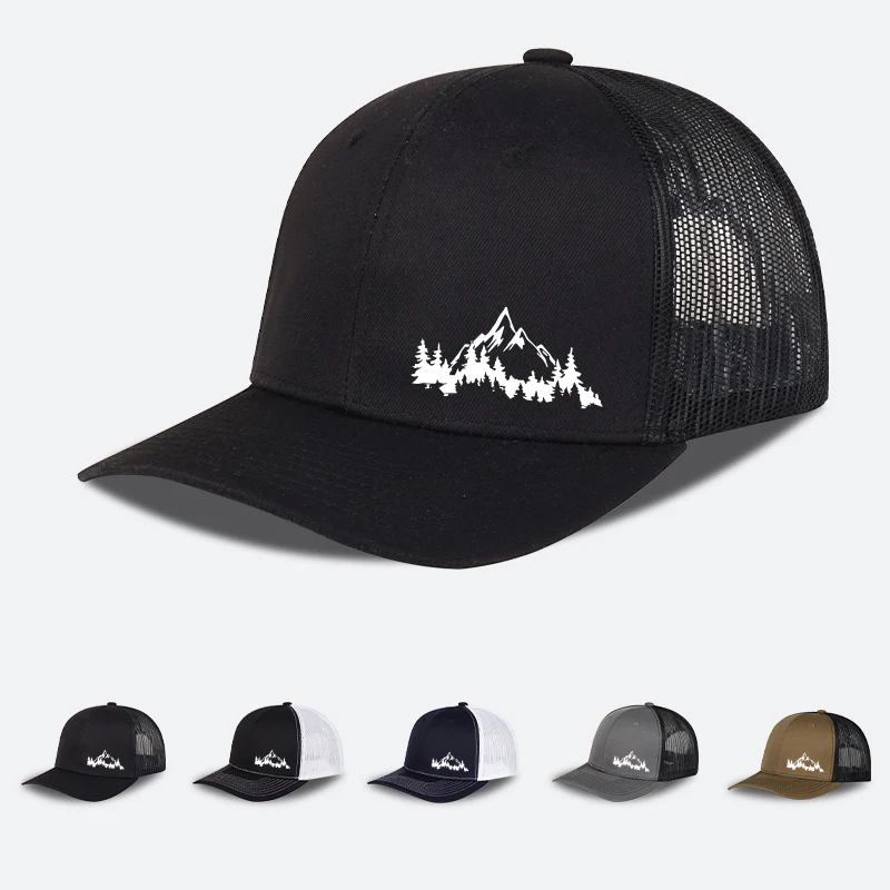 Trucker-Mütze mit Berg- und Kiefern-Print, verstellbar, Unisex, Netzstoff, Outdoor-Wander-Sonnenhut