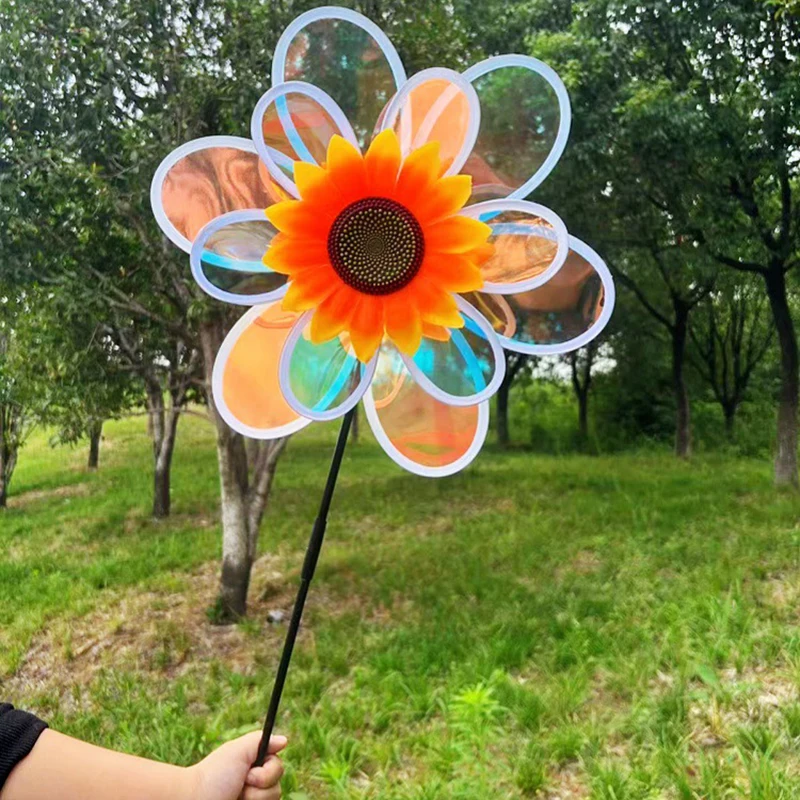 Kids Outdoor Yard Toys - กังหันลมสะท้อนแสงรูปดอกทานตะวัน 6 สี 1 ชิ้น สำหรับตกแต่งสวน