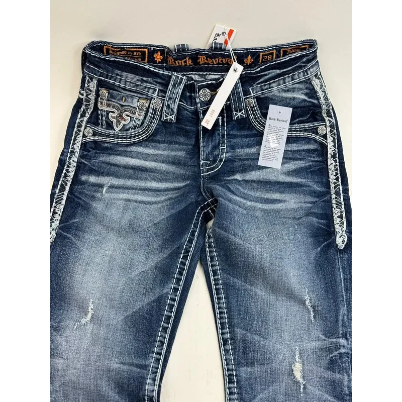 ❤❤2025 Y2K Revival Mens Jeans Foliage Bootcut Women Gothic Blue Denim Embroidery Pocket Hip Hop Harajuku Wide Pants S New ★☆