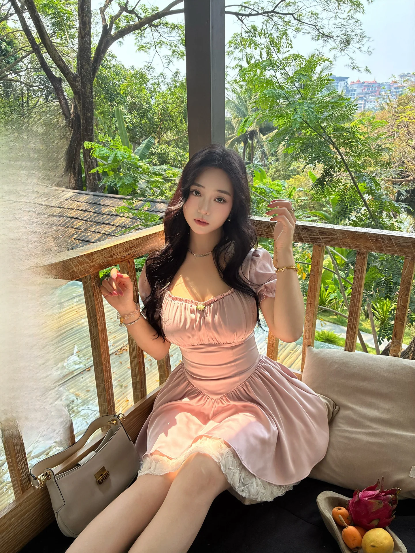 

Sweet Berry Diary Glossy Rose Lace Mesh Dress Fleshy Cherry Bubble Sleeve A-Line Skirt Polyester Fiber Short Sleeve Slim Fit
