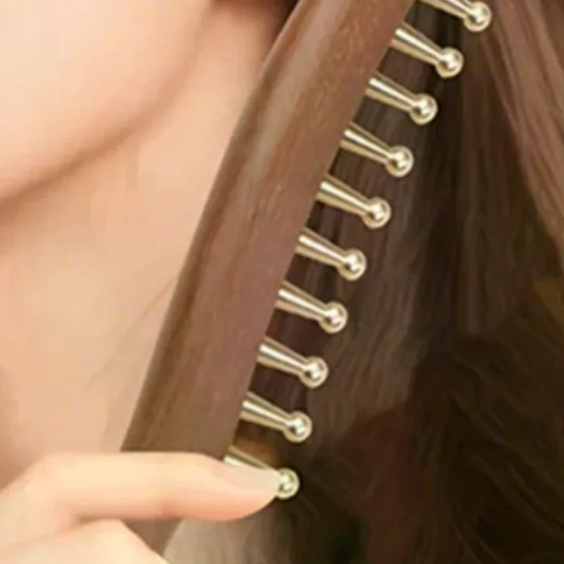 

10-Teeth Copper & Wood Massager Comb For Head Meridian Therapy And Relaxation Golden Sandalwood Scraping Guasha Long Handle