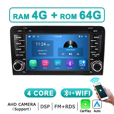 Draadloze Carplay autoradio Android 15 Auto 7 inch scherm autoradio stereo voor Audi A3 8P S3 RS3-2012 Bluetooth multimediaspeler BT