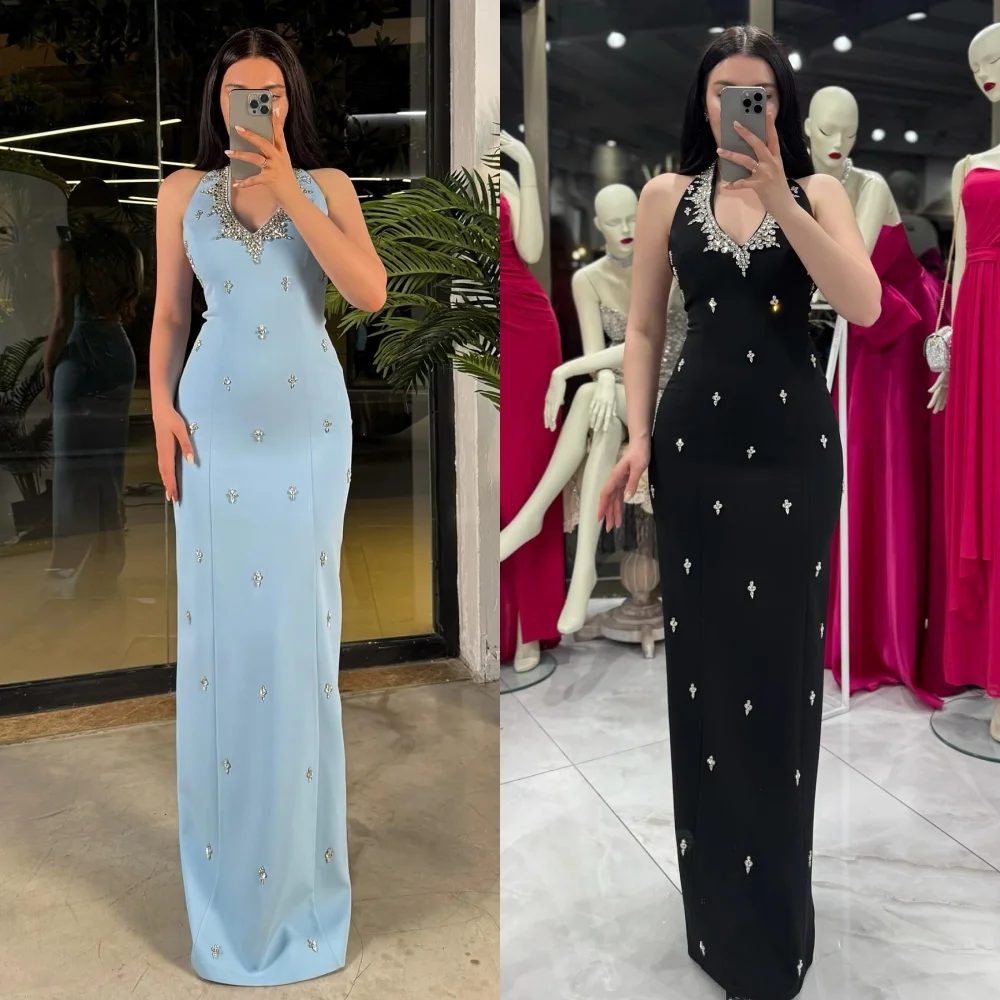 

Customized High Quality Jersey Pleat Sequined Straight Halter Long Dresses Bespoke Occasion Chinese Style Pastrol