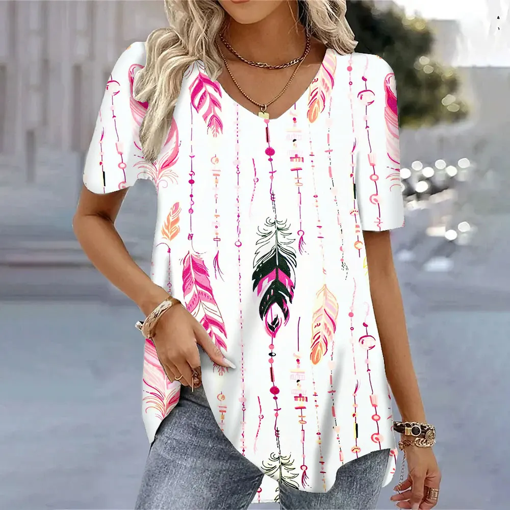 Trendy Feather 3d Printed T-shirts Summer V-neck Tops Short Sleeves Fashion Loose Tees Shirt For Ladies Hot Sales Clothes S-5XL