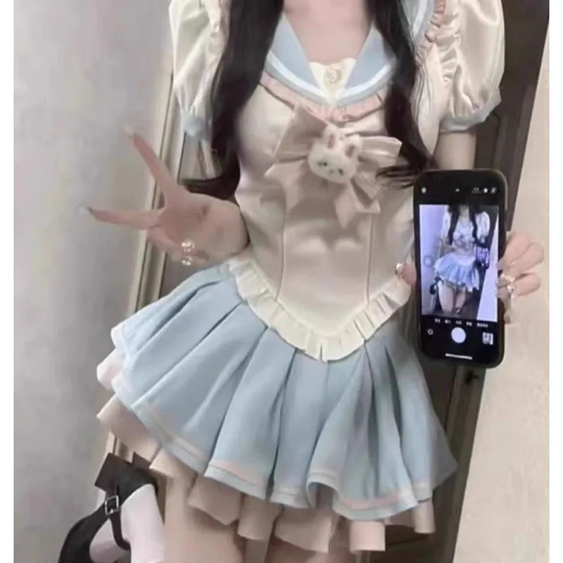 ญี่ปุ่น Jk 2 ชิ้นชุดผู้หญิงฤดูร้อนแขนสั้นหวาน T เสื้อเลดี้สูงเอว Ruffles Slim กระโปรง