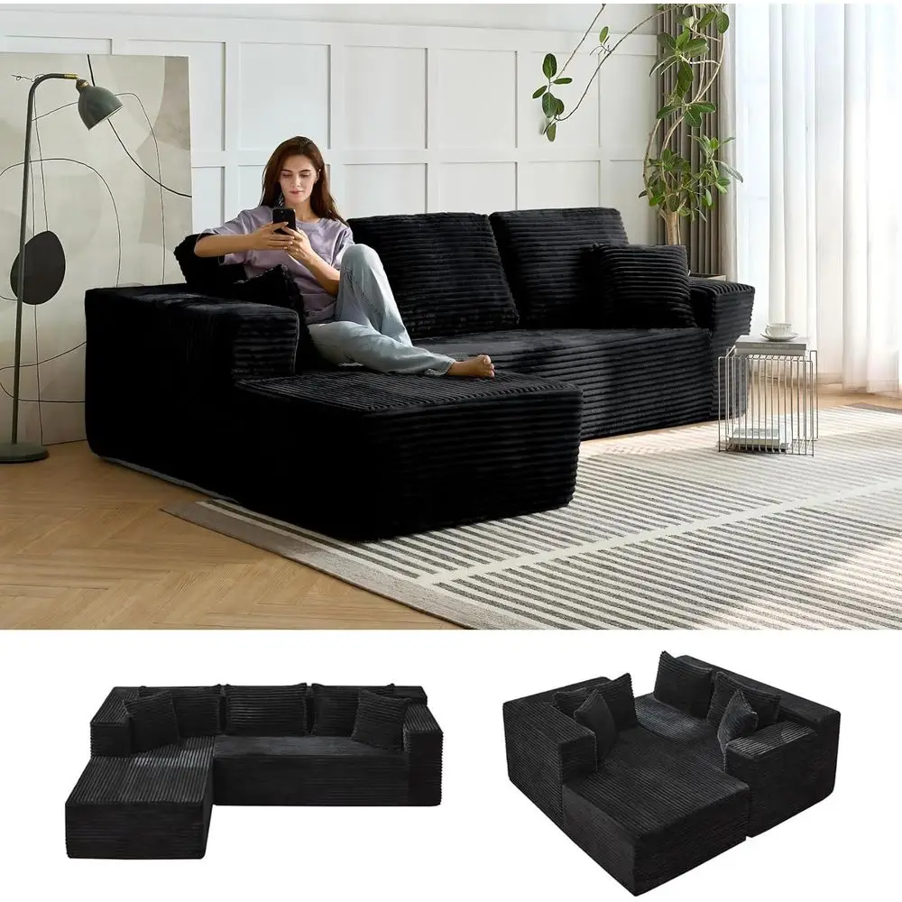

Трехместный угловой диван с увеличенным шезлонгом из вельвета, комфорт как в облаках, не требует сборки (черный)