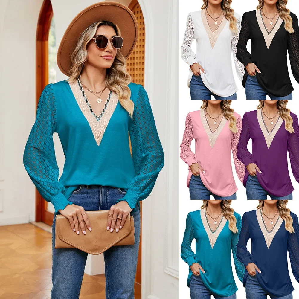 Herfst Dameskleding Mode V-Hals Gesplitst Kanten Shirt Elegant Holle Lange Mouw Losse Blouse Vintage Tops Blusas Mujer 29692