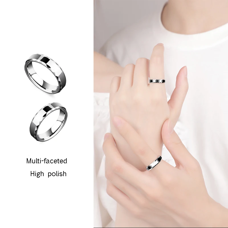 White Tungsten Carbide Couple Ring for Men and Women Fashion Faceted Classic Bands for Wedding, Customized Engrave